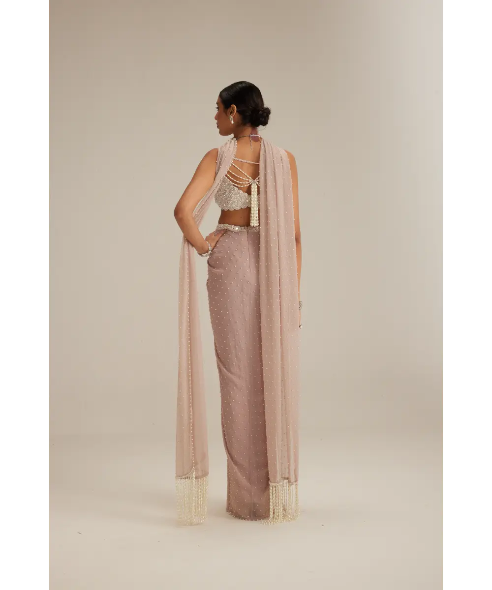 VVANI VATS- Ash pink Pearl Scattered draped skirt set